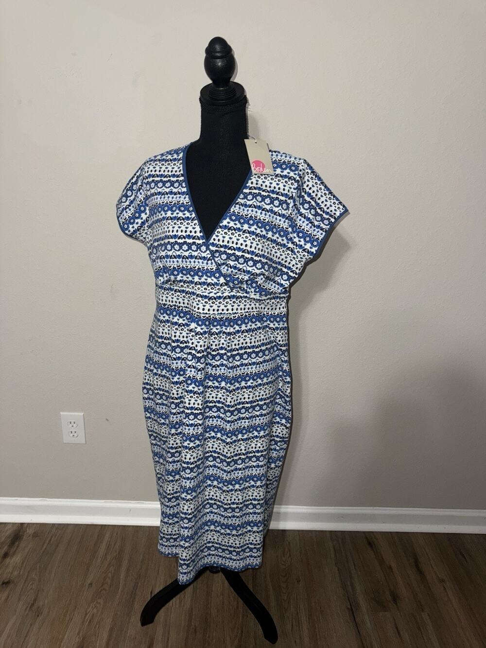 Boden Blue White Geometric Floral Faux Wrap Midi Dress 14L US 14 Long NWT